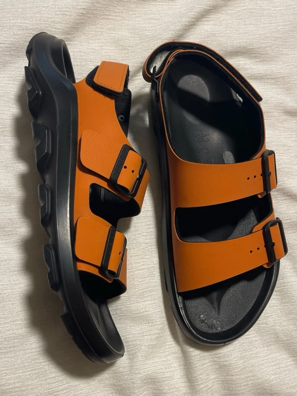 Birkenstock 42s Orange Two-Strap Buckle Sandals with Heel Strap